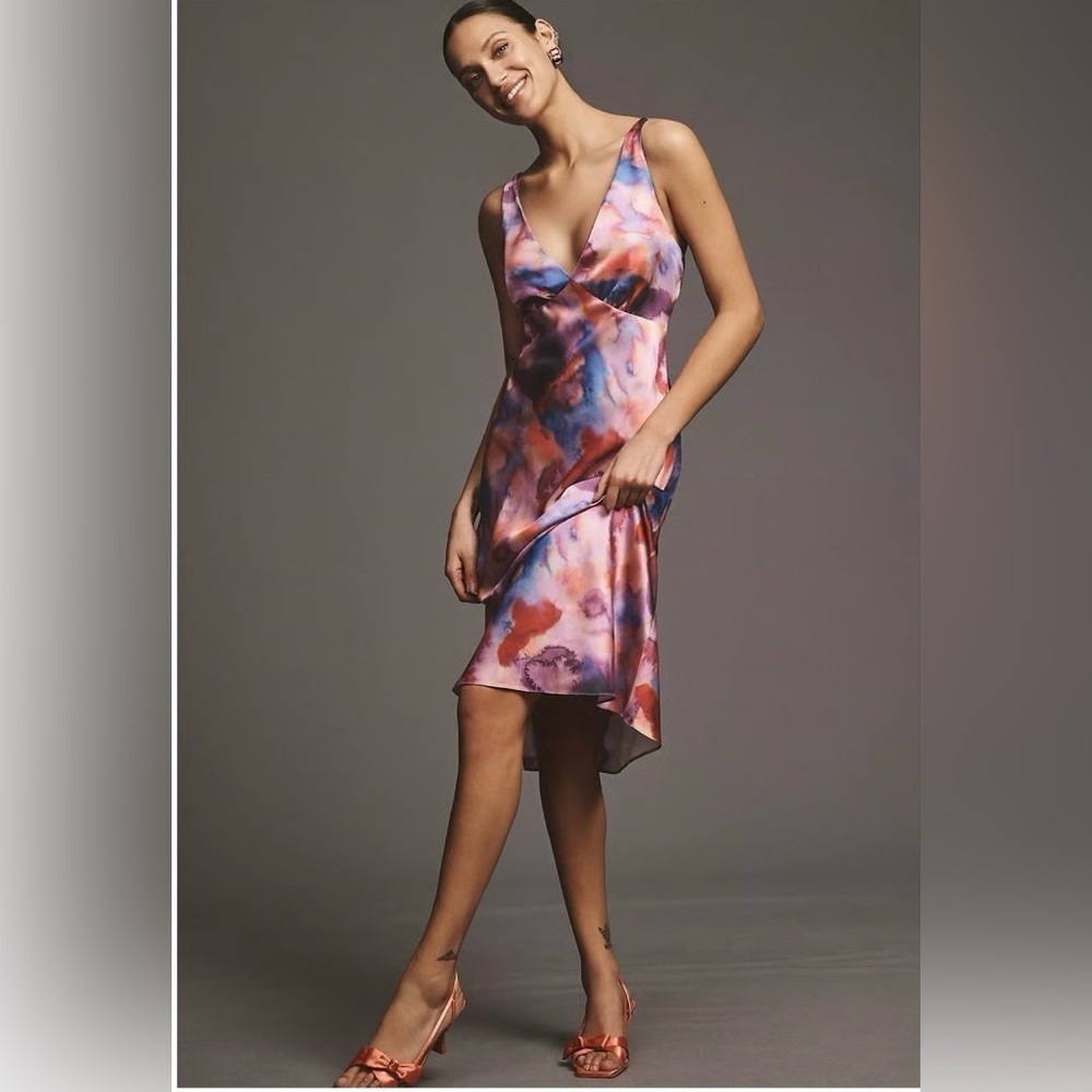 BHLDN whimsical V-Neck Printed Stretch Satin Midi Dress size Large - Picture 8 of 8